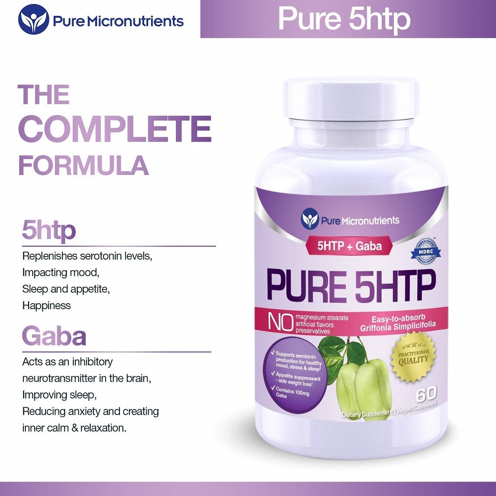 Pure 5HTP (5Hydroxytryptophan) Plus GABA Serotonin Support for Sleep, Mood Dietary Supplements