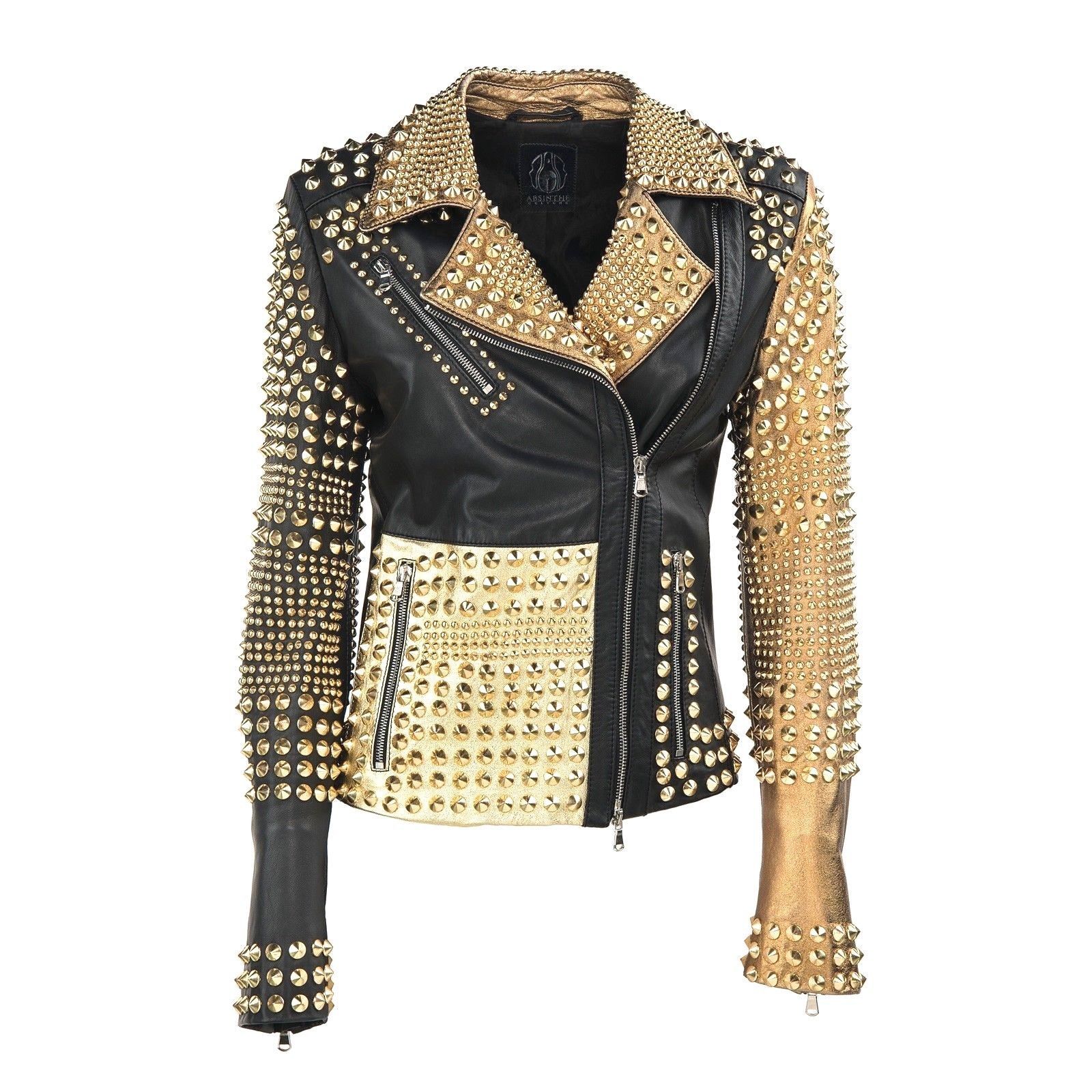 Custom Made Women's PHILIPP PLEIN Multicolor Full Golden Studded Leather Jacket