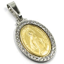18K YELLOW WHITE GOLD ZIRCONIA MIRACULOUS BIG 27mm MEDAL VIRGIN MARY MADONNA image 2