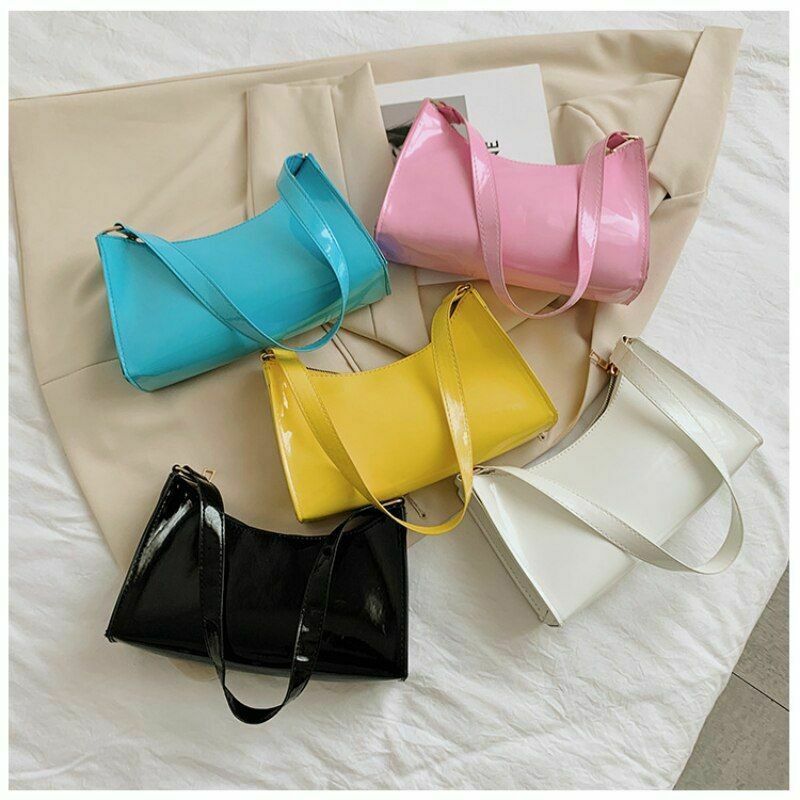 Women Western Style Zip Close Shoulder Bags Pure Color Glossy Type Faux Leather