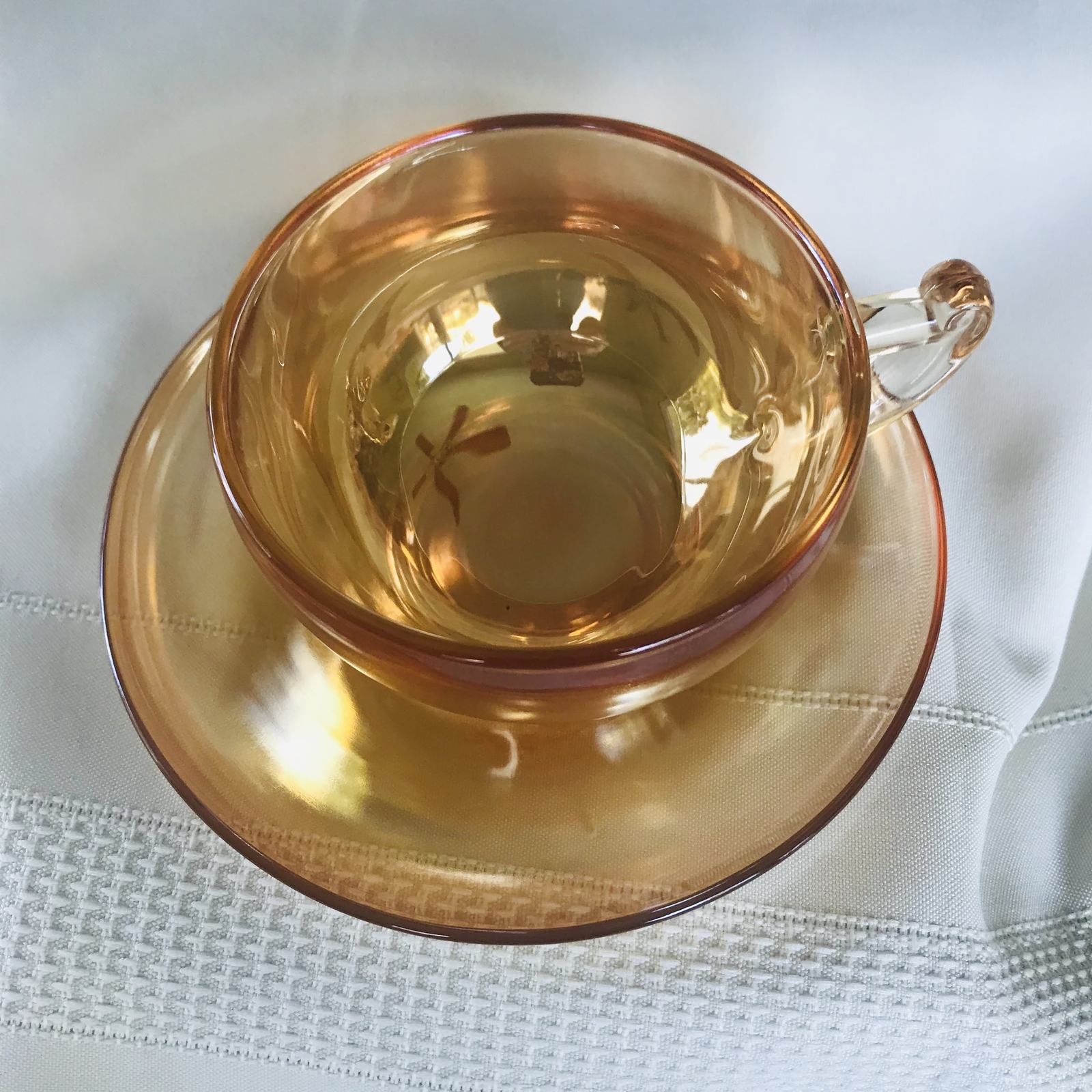 Vintage Iridescent Marigold Carnival Glass Tea Cups & Saucer