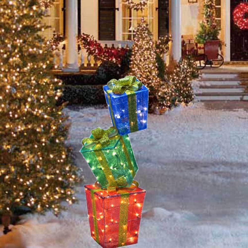 2pc Lighted Stacked T Boxes Presents Sculpture Outdoor Christmas