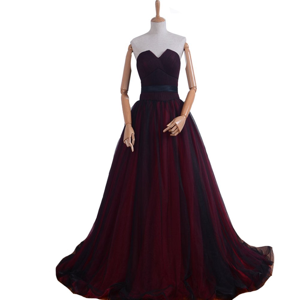 Kivary Gothic Black Tulle Long Sash Sweetheart Corset Formal Prom Evening Dresse