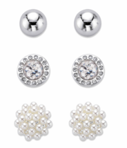 Simulated Pearl And Crystal 3 Pair Stud Earring Set Silvertone - $75.99