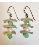 Sterling Silver Onyx Pearl Earrings Asian Handmade Green White Unique Pi... - $84.00