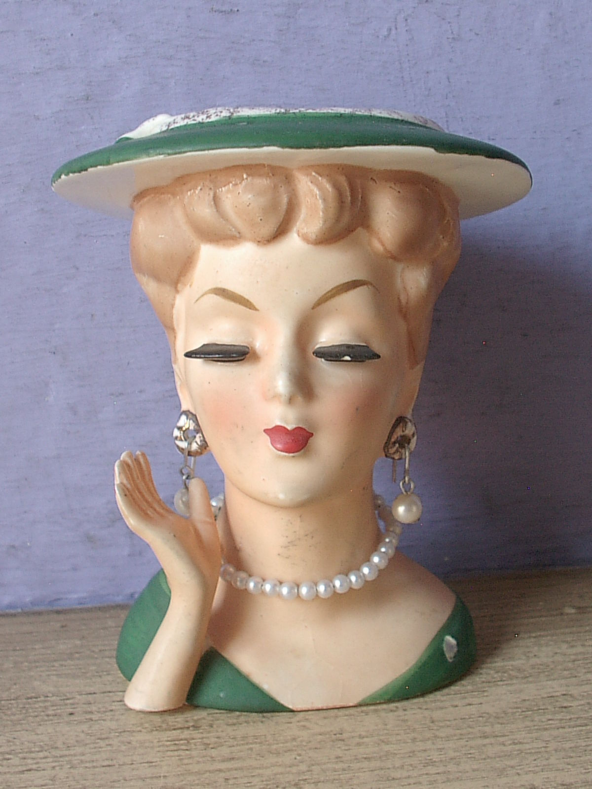 Vintage retro Ceramic Lady head vase with pearl necklace and earrings ...