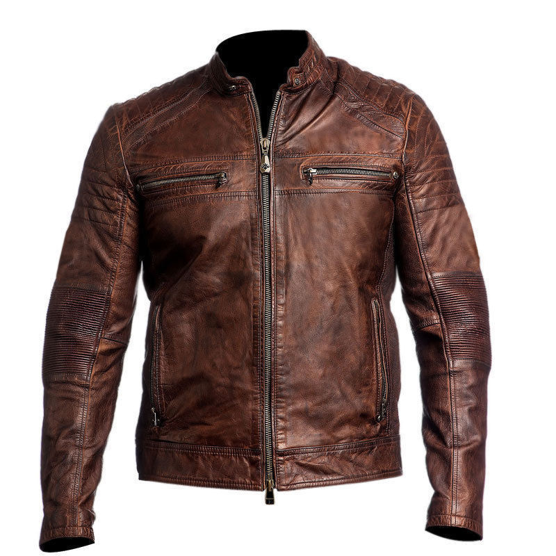Primary image for Distressed Brown Real Leather Jacket For Men Quilted Cafe Racer Retro Motorcycle