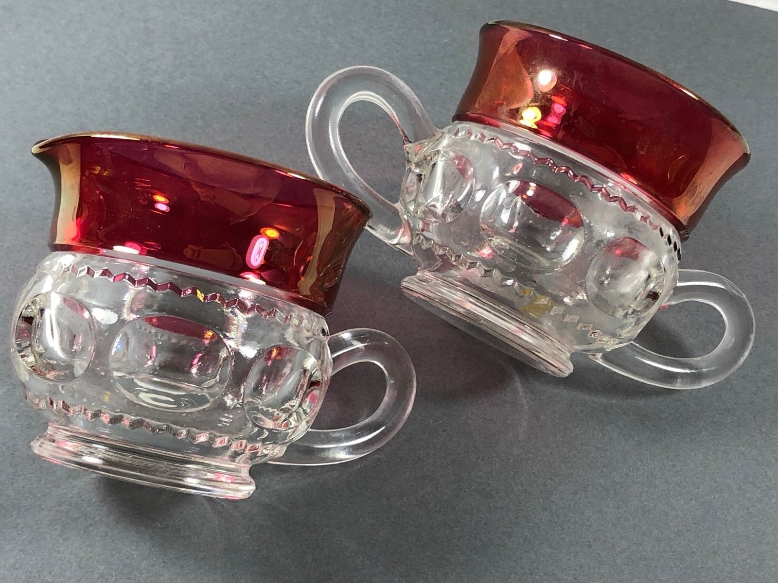 Set of 2 TIFFIN Kings Crown Thumbprint Ruby Red Clear glass Open Sugar
