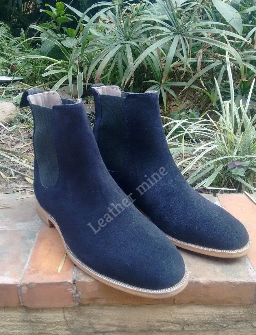 Handmade Navy Blue Suede Leather Boots Men's Boots, Genuine Leather Custom Boots
