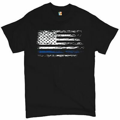 Distressed Thin Blue Line American Flag T-shirt Patriotic Police Men's Tee