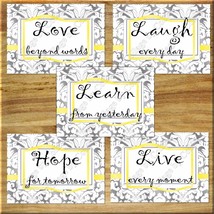 Yellow Gray White Inspire Art Picture Prints damask LOVE Learn Hope Live Laugh - $19.69