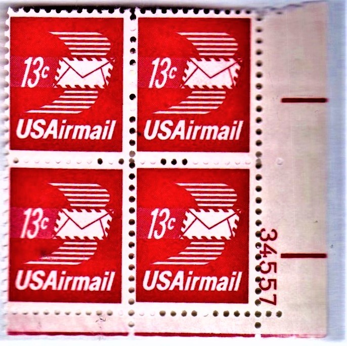 U S Stamp 1973 WINGED ENVELOPE Airmail Plate Block Of 4 X 13 Cents stamps Plate Blocks/Multiples