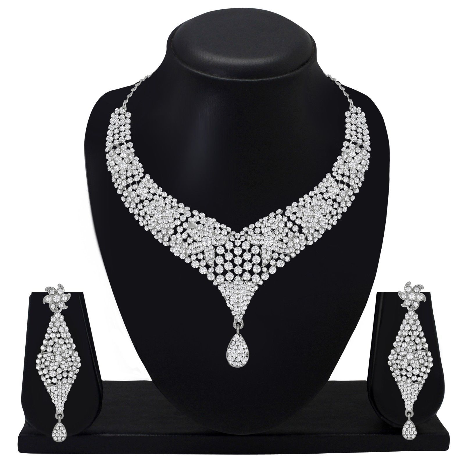 Silver Plated Indian Fashion Costume Jewelry Diamond Necklace Set Party