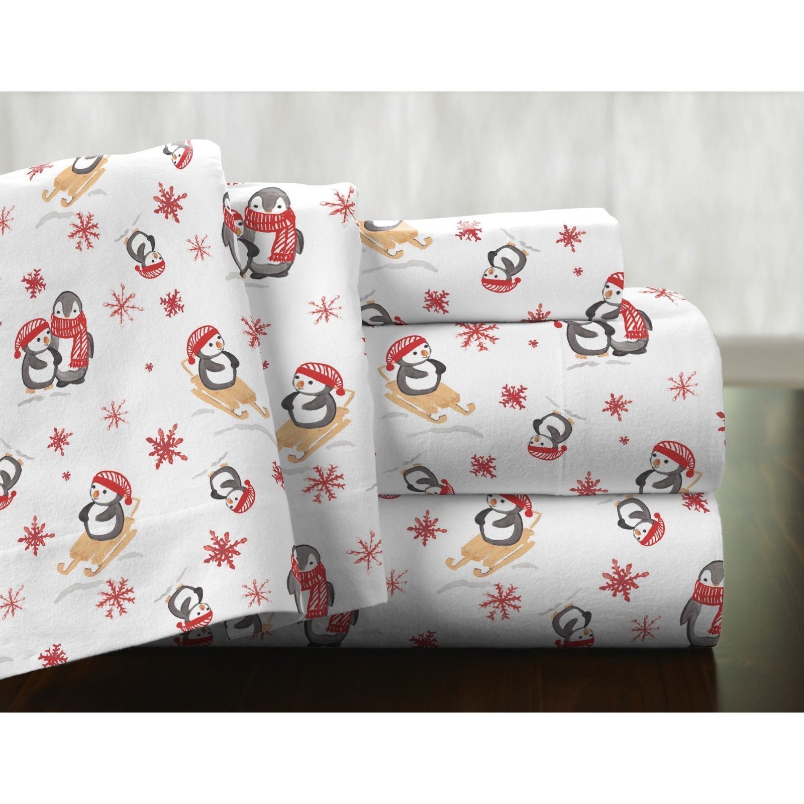 Twin XL Full Queen Cal King Bed Red Winter Penguins 4pc Cotton Flannel Sheet Set - Sheets ...