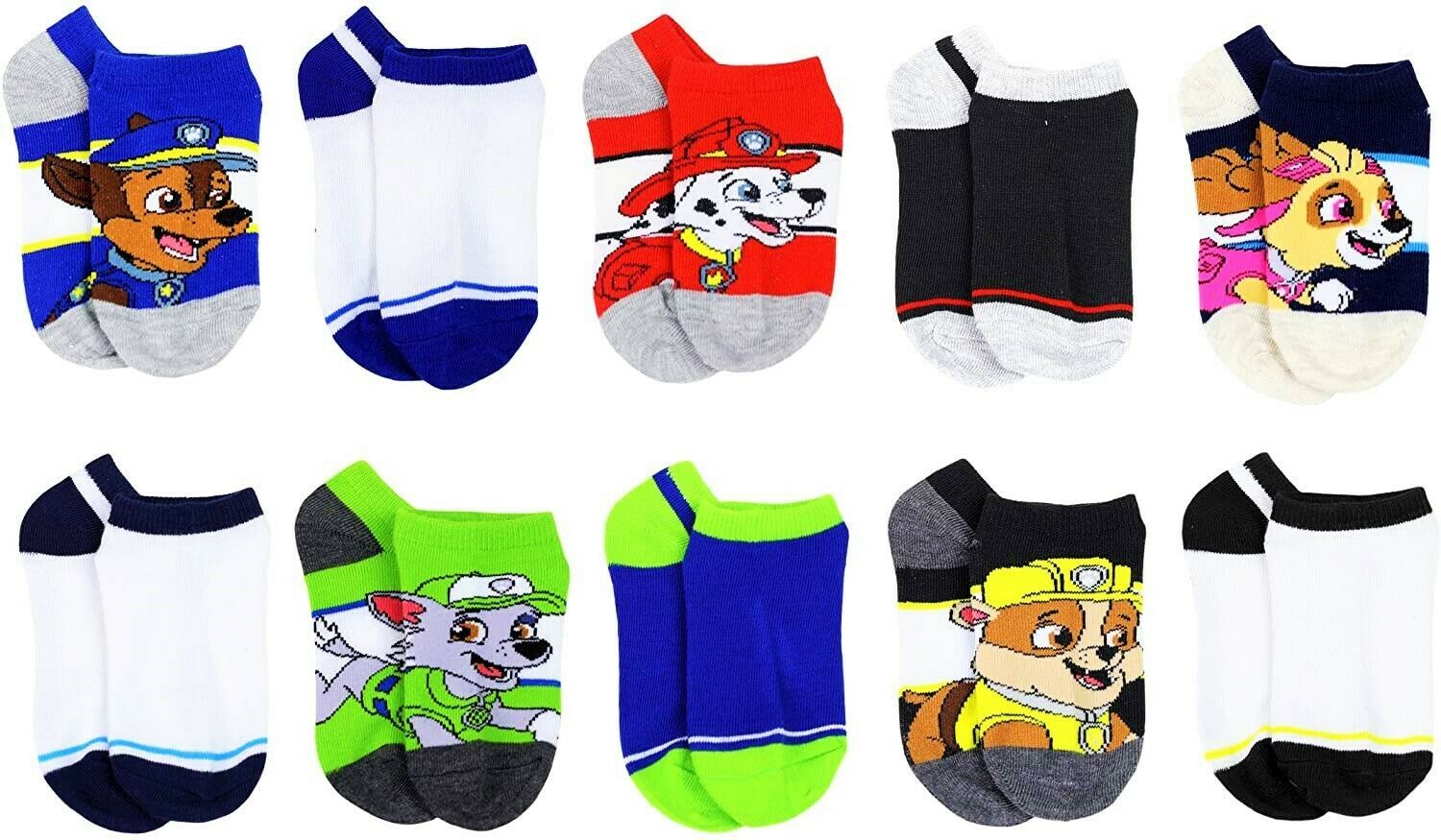 Paw Patrol Chase & Marshall 10-Pack Low Socks Boys Age 2-4 (Shoe Size