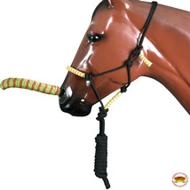 Western Horse Halter Poly Rope Tied Adjustable 8 Ft Black Lime Orange U-H169 - $19.79