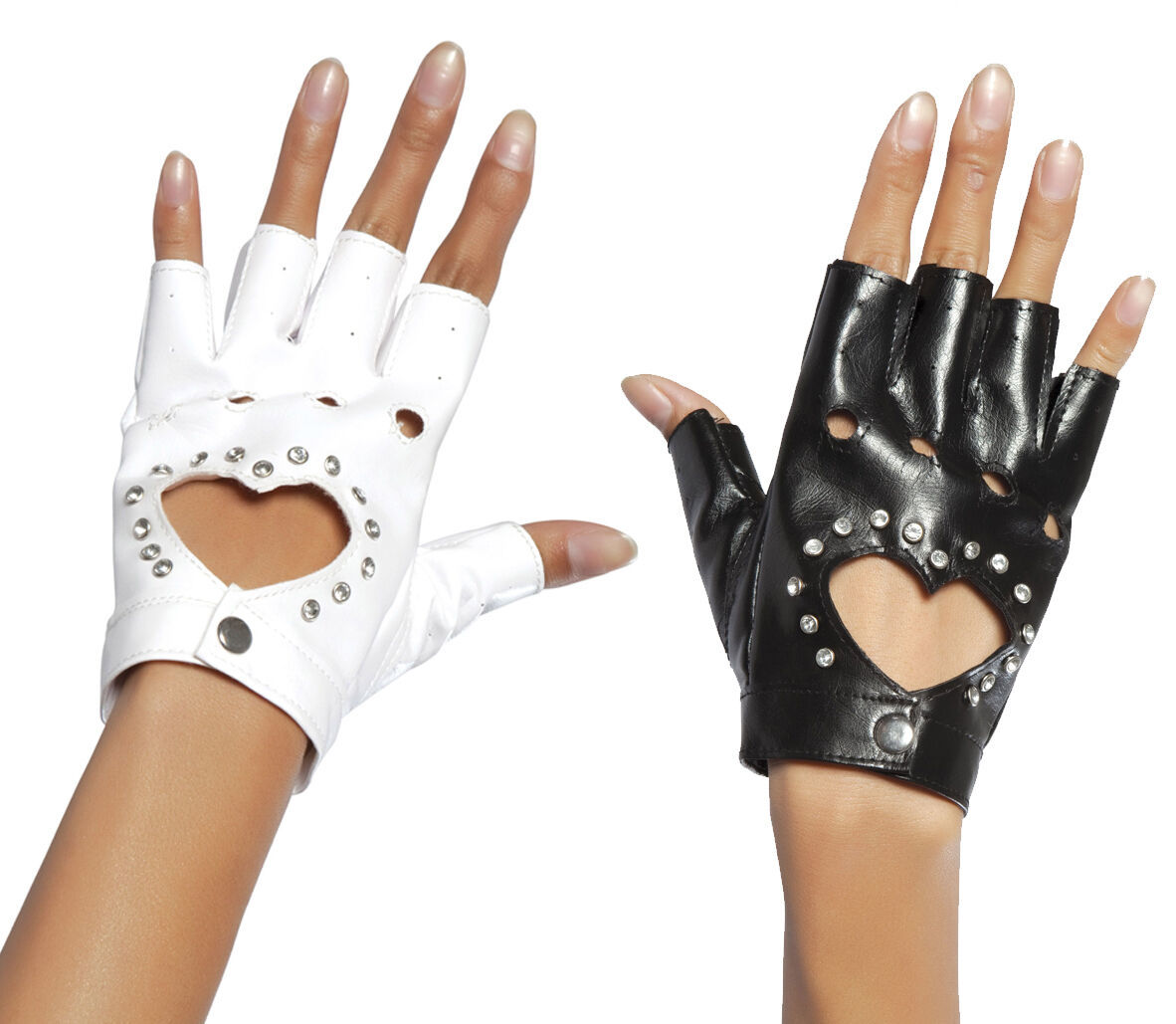 Fingerless Gloves Heart Cut Out Rhinestone Studded Snap Closure Costume GL101