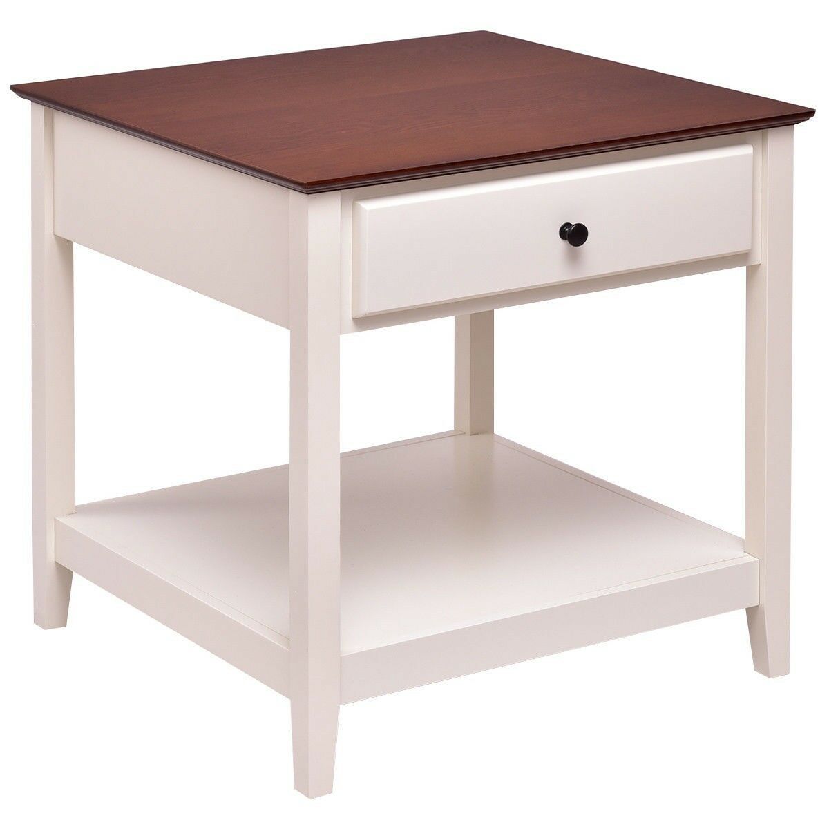 Country Cottage Cream Brown Wood Square End Table With Storage Drawer