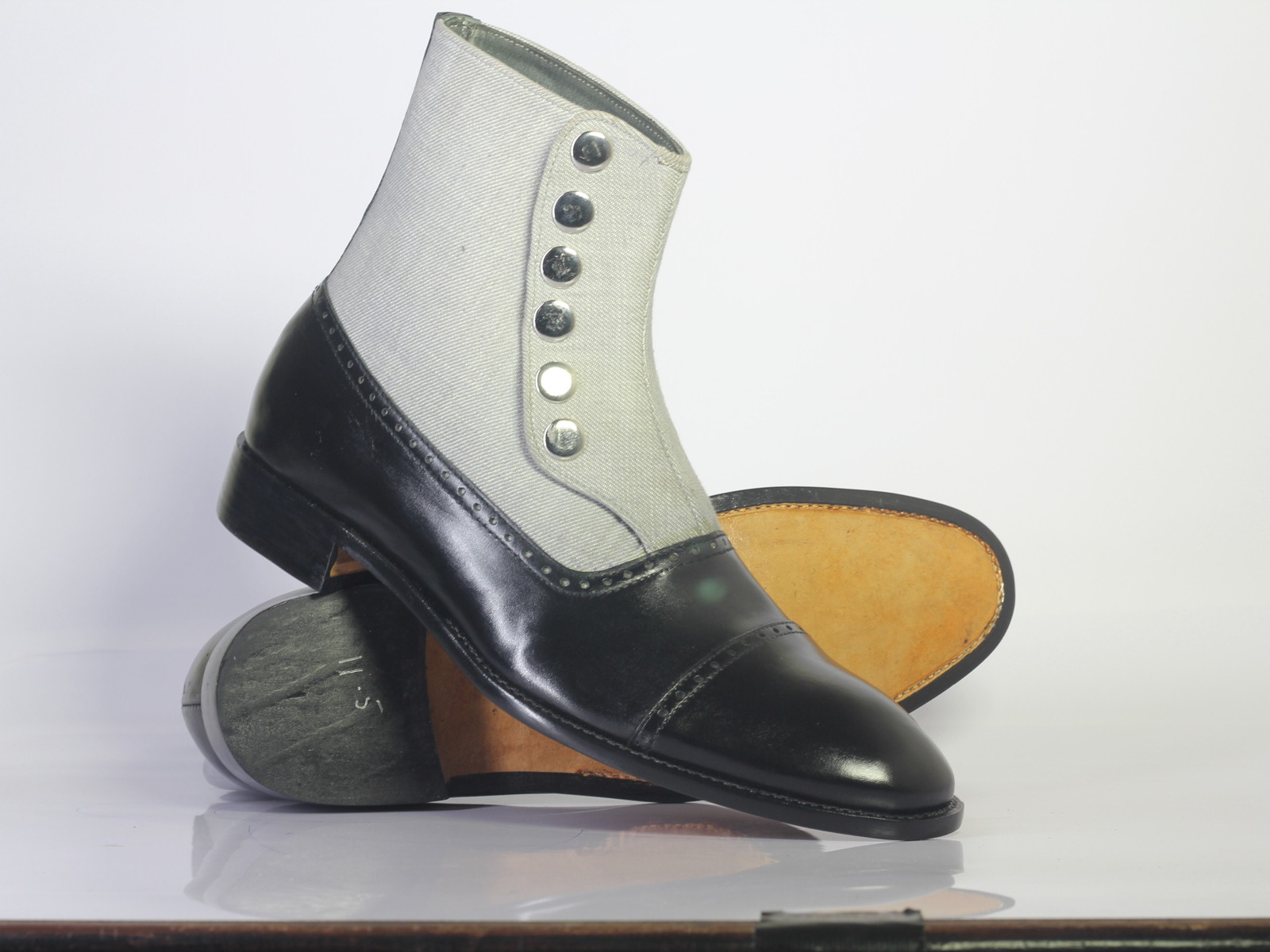 Handmade Men's Black White Leather Denim Cap Toe Button Boots, Men Designer Boot