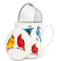 North American Birds Covered Mug with Strainer 12 oz Bone China 4.5" High Lid