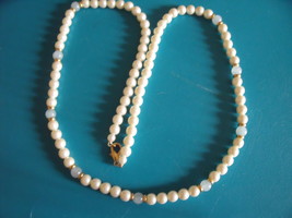 Pearl Beads with Green Jade and Golden Stations-30" vintage - $30.00