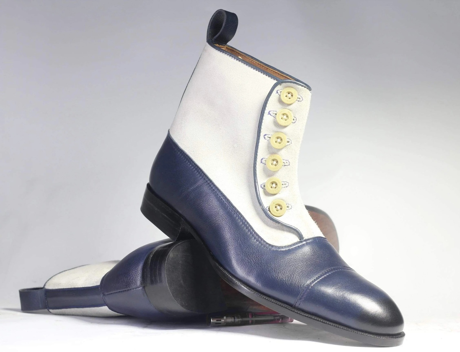 Handmade Men Blue White Leather Suede Cap Toe Brogue Button Boots, Designer Boot