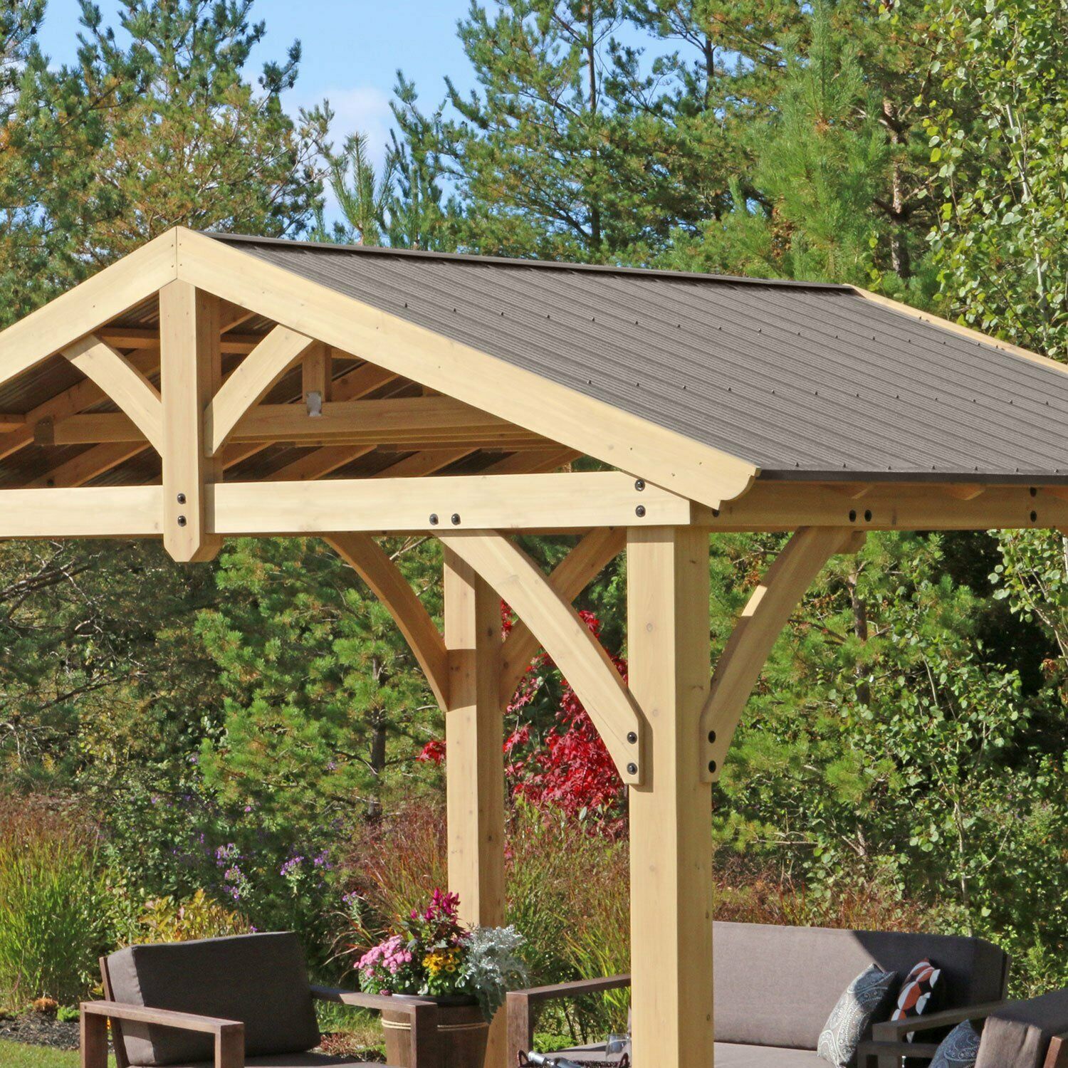 Yardistry 11 x 13 Cedar Wood Aluminum Hardtop Gazebo Hard Top Pavilion Pergola Gazebos