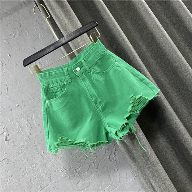 New green sexy ripped high waist women denim shorts spring summer