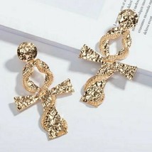 Gold Ankh Cross Dangle Earrings Bold Trendy Dragon Snake Fashion Jewelry 3&quot; - $21.78