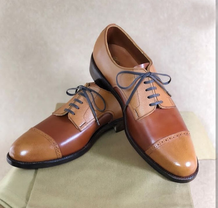 Men Oxford Shoes Two Tone Tan Brown Cont Cap Toe Premium Quality Leather Laceup