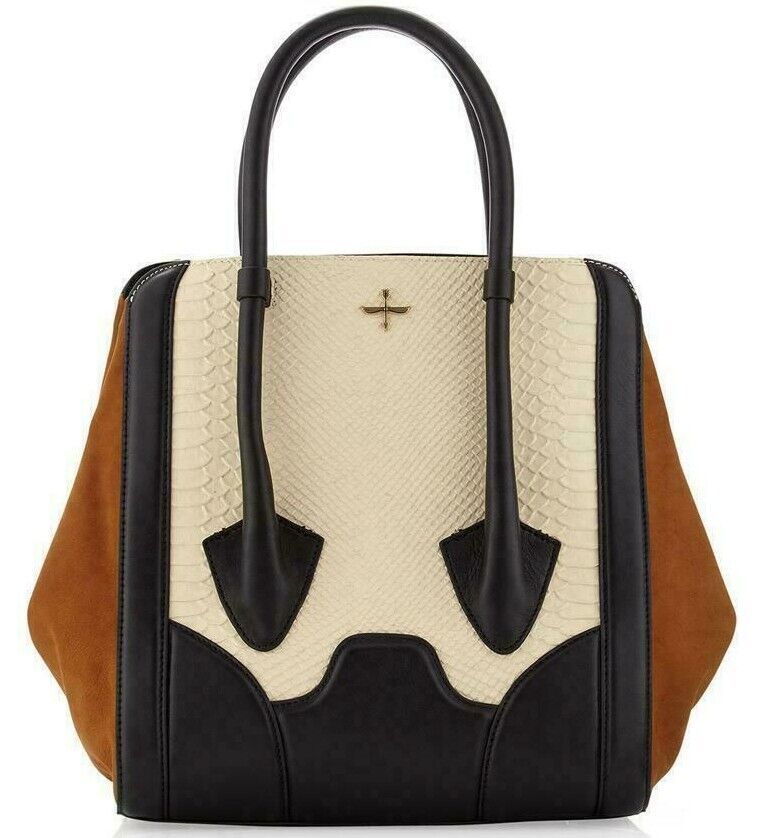 POUR LA VICTOIRE BUTLER EMBOSSED LEATHER COFFEE BONE BLACK LARGE TOTE BAGNWT