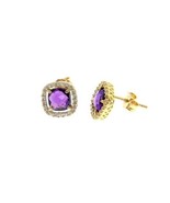 18K YELLOW GOLD EARRINGS CUSHION SQUARE PURPLE AMETHYST AND CUBIC ZIRCON... - $382.00