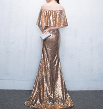 Off Shoulder Gold Sequin Dresses Long Maxi Sequined Women Evening Gown Plus Size image 6