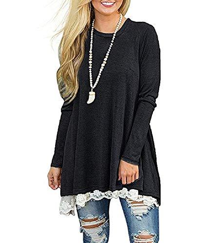 PRIMODA Women's Lace Long Sleeve Casual Tunic Top T-Shirt BlouseBlack-L ...