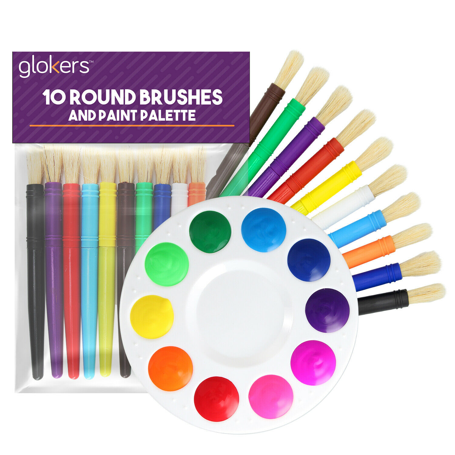 glokers 10-Piece Round Hog Bristle Paintbrushes Set with Paint Palette