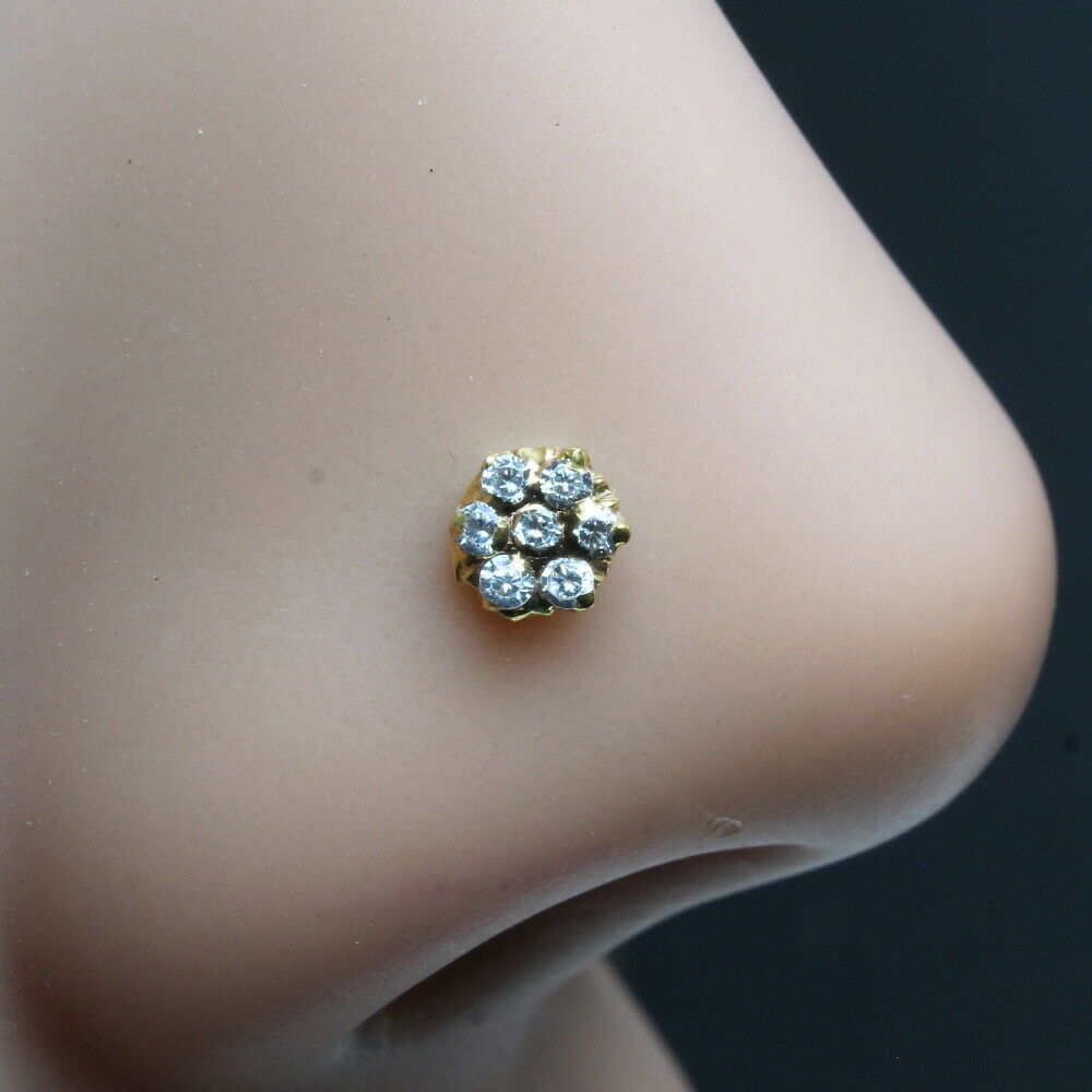 Tiny Gold Plated Indian Nose Stud White CZ Twisted nose ring L Bend