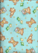 New Baby Bear Playing with Friends on Teal Flannel Fabric by the Half-Yard - $3.96