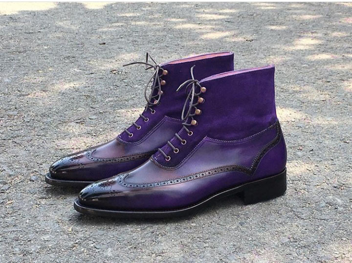 Men’s Handmade Purple Lace Up Leather Suede Boot Wingtip Brogue Ankle