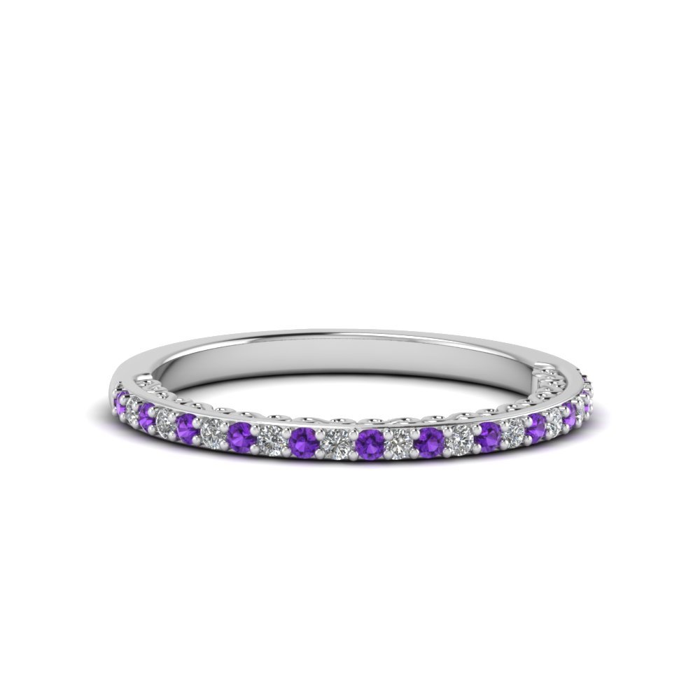 Half Eternity Wedding Band Ring Purple Amethyst & CZ Diamond 14K White Gold FN