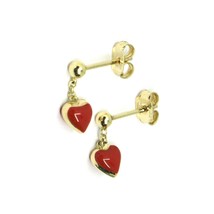 18K Yellow Gold Pendant 12MM Earrings With Red Enamel Mini Heart, Made In Italy - $229.48