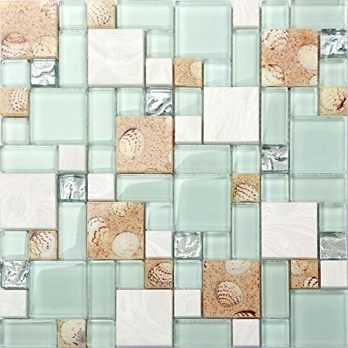 Beach Style Backsplash Lake Green Glass Mixed Stone Mosaic Wall Tile Set of 11