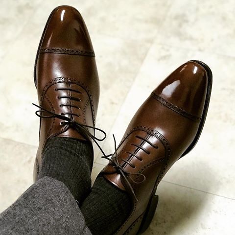 NEW Handmade Mens Brown Color Leather Shoe, Me's Patent Cap Toe Lace Up Formal S