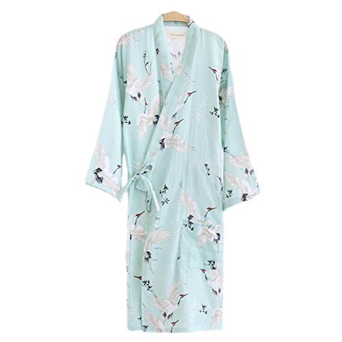 Japanese Style Women Thin Cotton Bathrobe Pajamas Kimono Skirt Gown-A17 Green