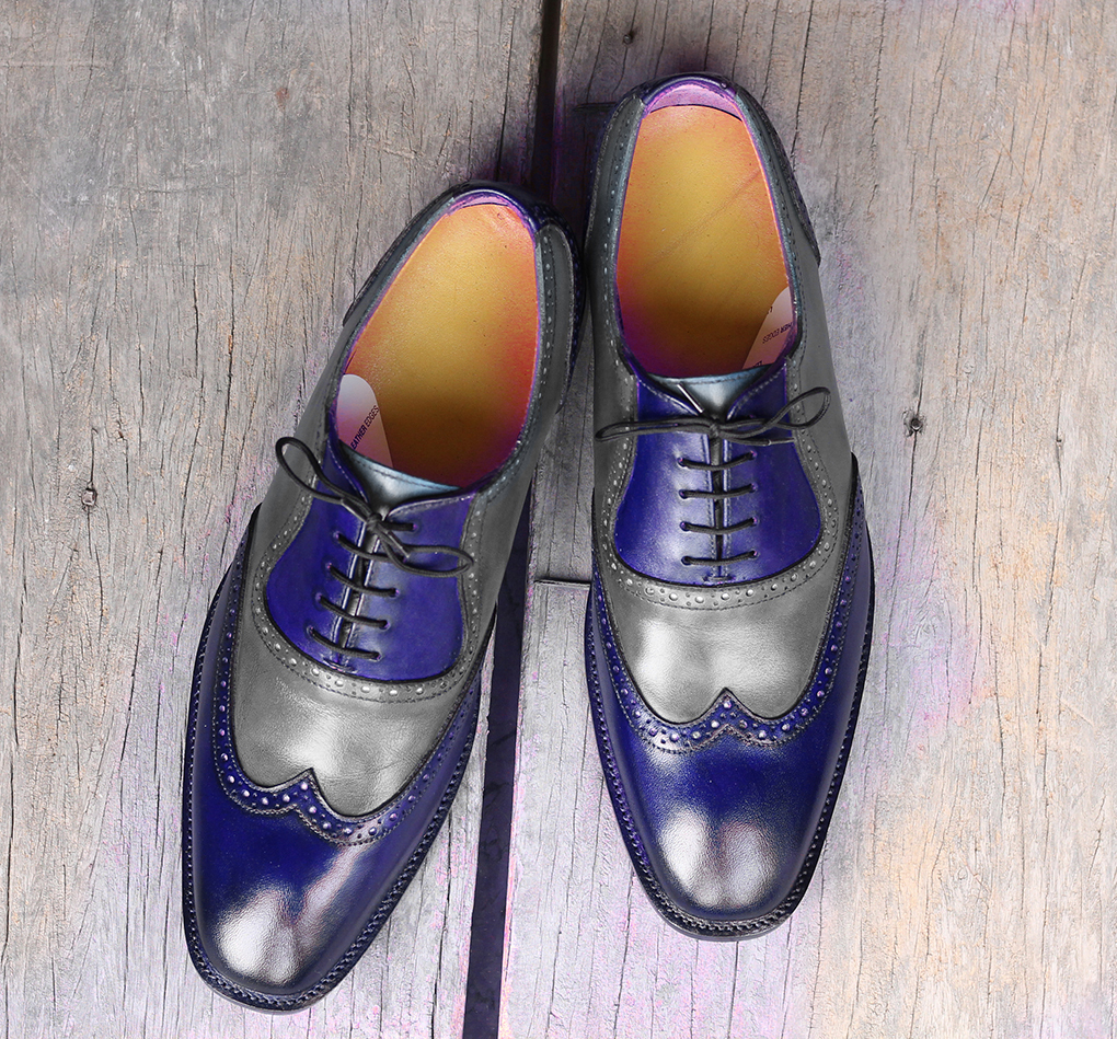 Handmade Men's Gray Navy Wing Tip Leather Formal Shoes, Men Designer Dress Shoes