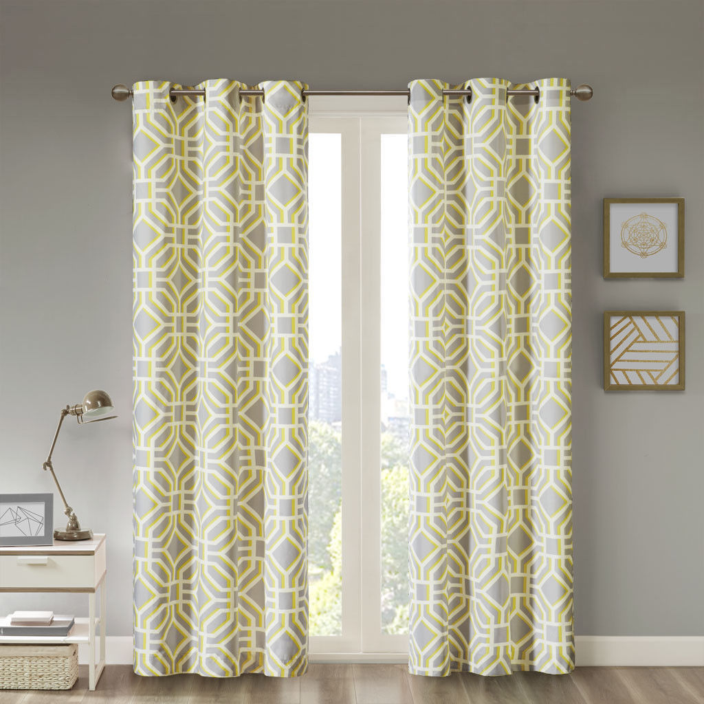 Foam Back Room Darkening Youth Geometric Print Gray Yellow Curtains