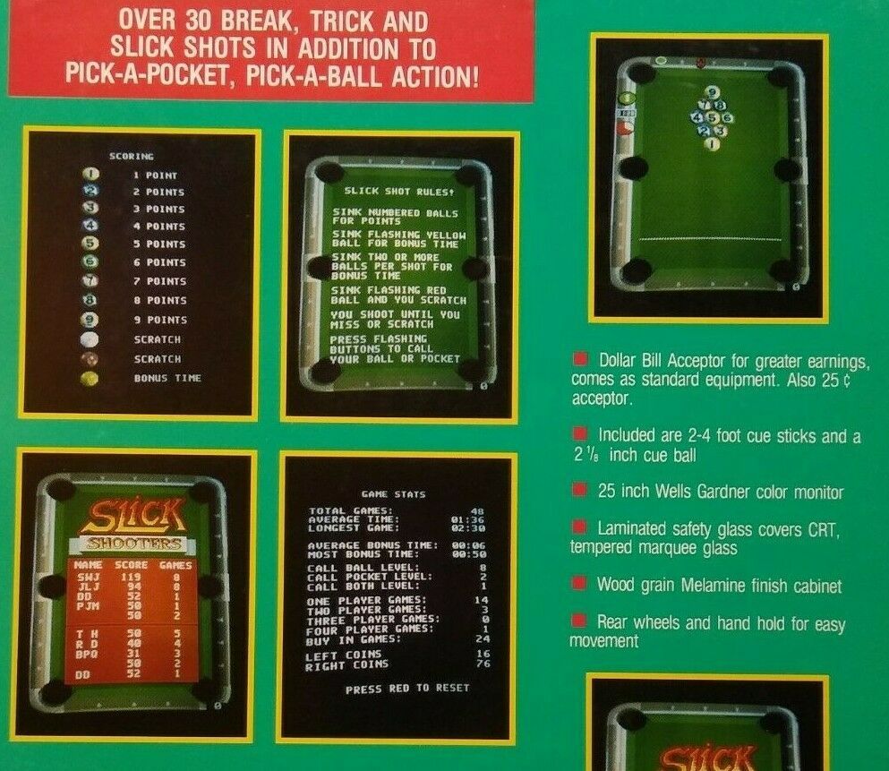 1990 Slick Shot Pool Arcade Game Grand Products  Sales Flyer Brochure NOS 