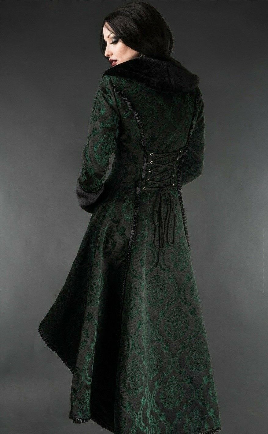 Women's Green Brocade Gothic Victorian Winter Long Corset-Back