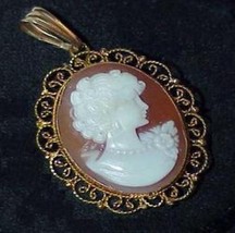 18K Cameo Brooch Pin Pendant Necklace Filligree Estate Antique - $584.09