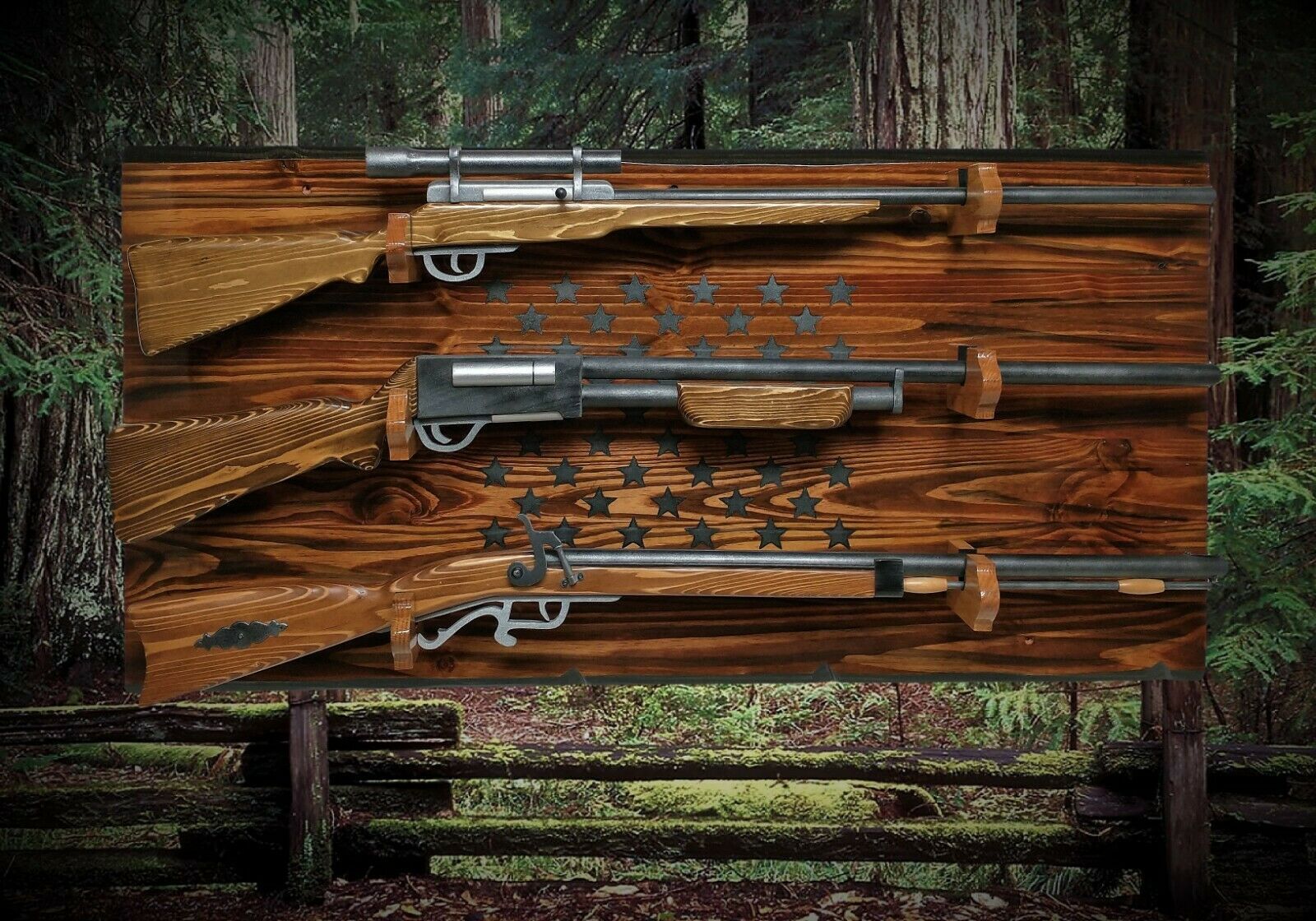 Oak and Metal 3 Place Gun Rack Rifle Shotgun Wall Mount Display. 