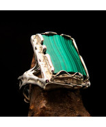 Rectangle shaped Artwork Design Green Malachite Sterling Silver Ring - S... - $68.31